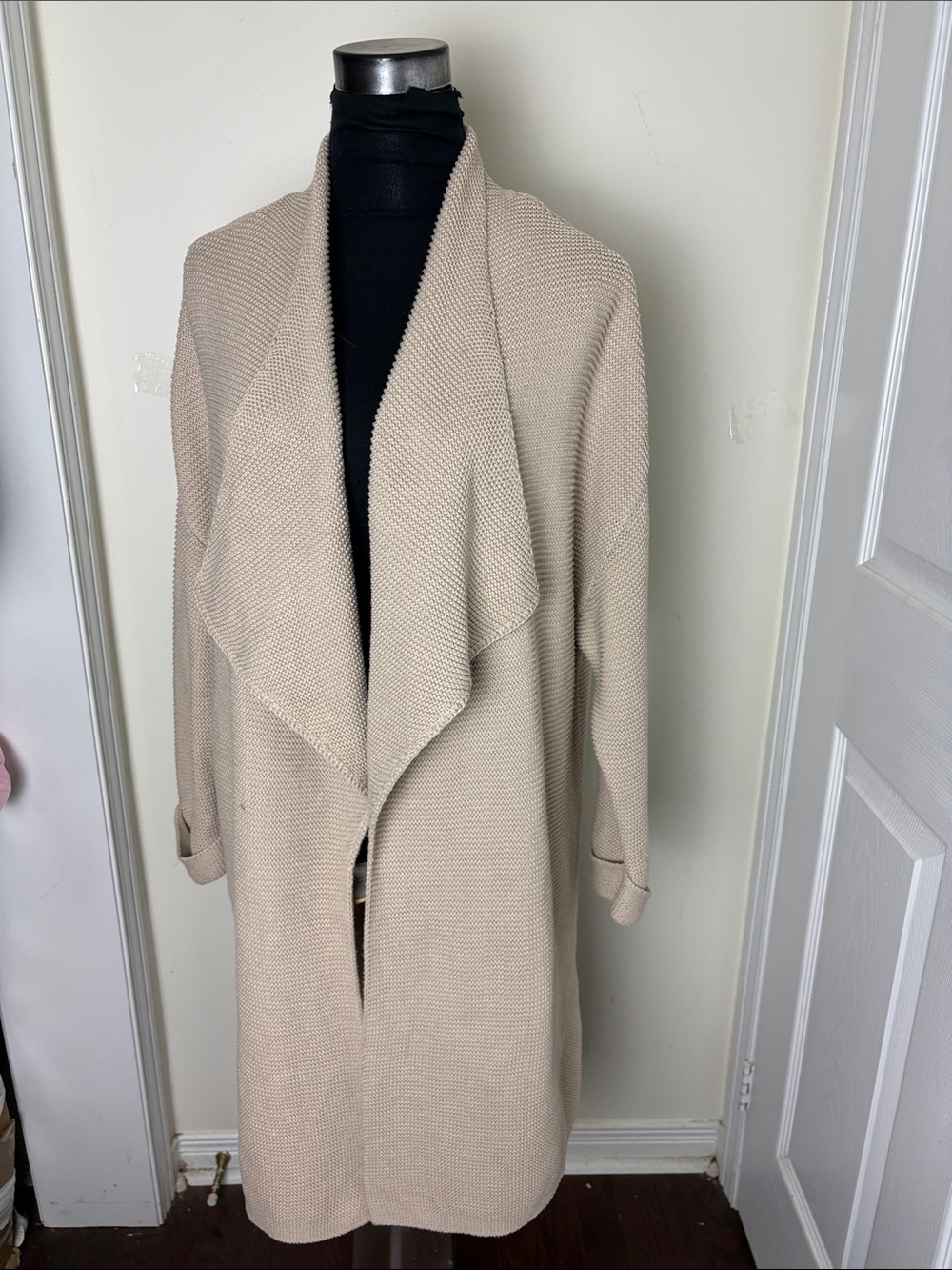 Vintage Beige Drape Open-Front Women's Knit Cardigan Duster Sweater